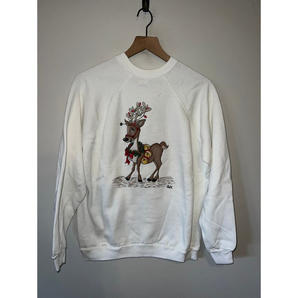 1980s Vintage Tultex Dell Artist White Reindeer Christmas Sweatshirt VTG 80s L